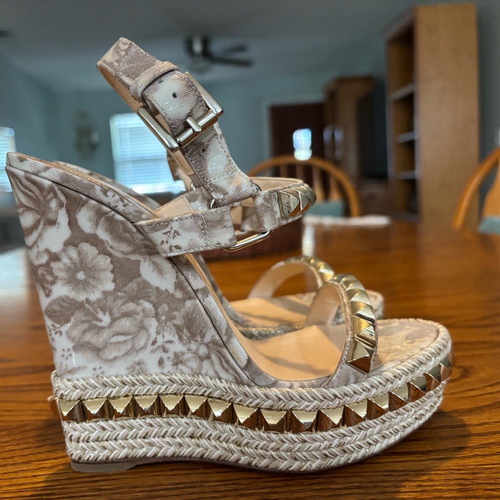 Christian Louboutin Beige Floral Espadrille Wedge Sandals with Gold Studs